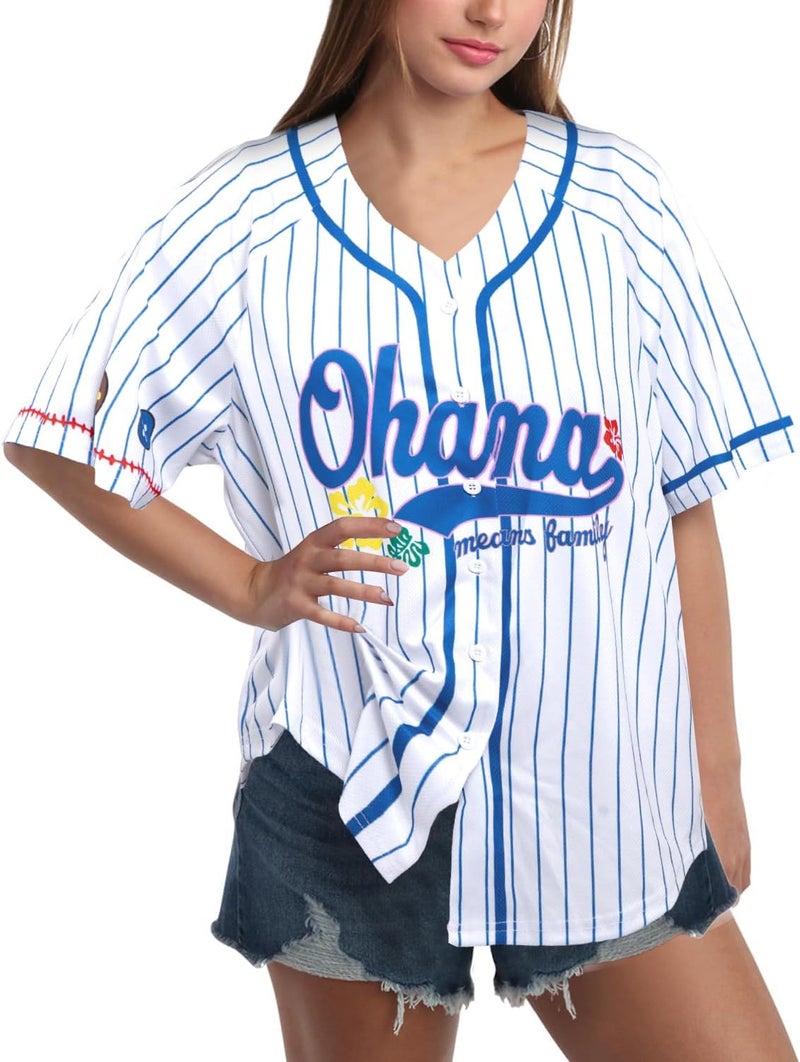 BANGELY Hawaiian Shirts Women Ohana Means Family Shirt Hawaiian Hibiscus Tropical Flower Button Down Baseball Jersey Tops - Image 2